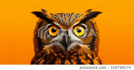 a scary owl on a orange background animal a scary owl on a orange background animal 109799274
