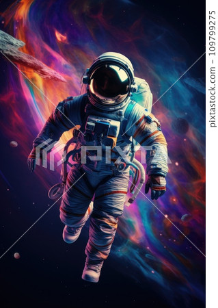 In vibrant space, an explorer in a cosmic ballet, with abundant copy space 109799275