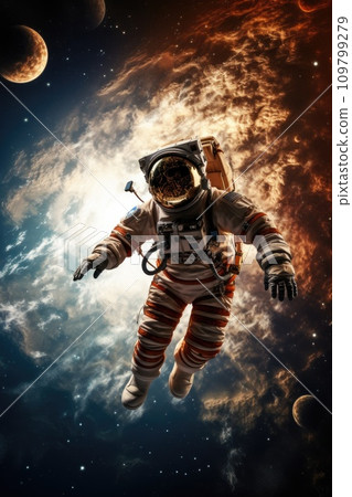 In vibrant space, an explorer in a cosmic ballet, with abundant copy space In vibrant space, an explorer in a cosmic ballet, with abundant copy space 109799279