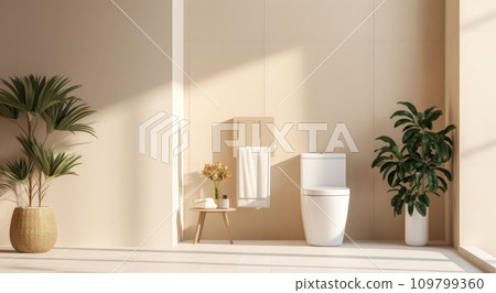 a toilet in modern bathroom with a plant and a white sink a toilet in modern bathroom with a plant and a white sink 109799360