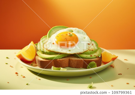 avocado on toast and eggs on orange slices on a white plate avocado on toast and eggs on orange slices on a white plate 109799361