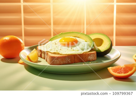 avocado on toast and eggs on orange slices on a white plate avocado on toast and eggs on orange slices on a white plate 109799367