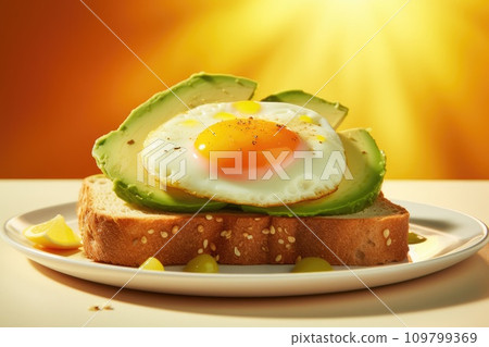 avocado on toast and eggs on orange slices on a white plate 109799369