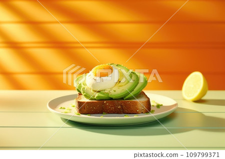 avocado on toast and eggs on orange slices on a white plate 109799371