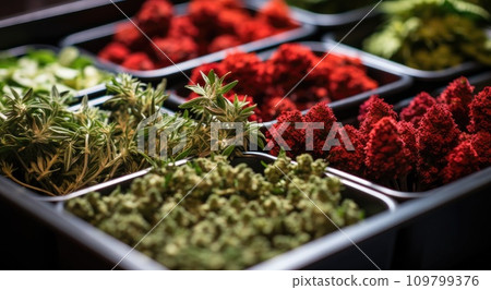 a tray contains a variety of plants 109799376