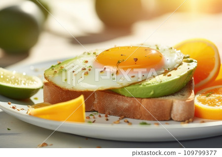 avocado on toast and eggs on orange slices on a white plate 109799377