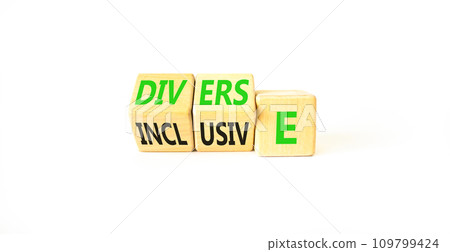 Diverse and inclusive symbol. Concept word Diverse and Inclusive on wooden cubes. Beautiful white table white background. Business diverse and inclusive concept. Copy space. 109799424