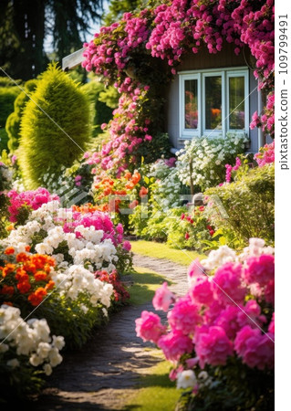 Vivid garden with vibrant flowers, flourishing plants, and ample space for your message 109799491