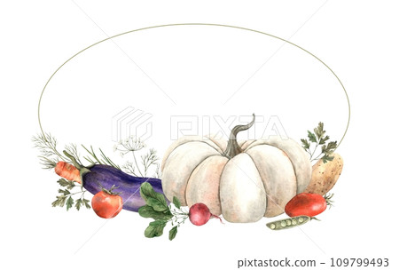 The watercolor frame is framed by vegetables: pumpkin, eggplant, carrots, potatoes, radishes, dill, parsley. Hand painted vegetarian banner for eco menus, greeting cards, recipes. 109799493