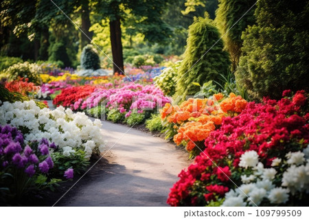 Vivid garden with vibrant flowers, flourishing - Stock