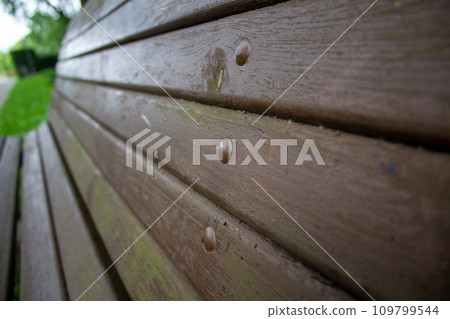Old wooden brown bench close-up. In the background a blurred green park. Concept. Old wooden brown bench close-up. In the background a blurred green park. Concept. 109799544