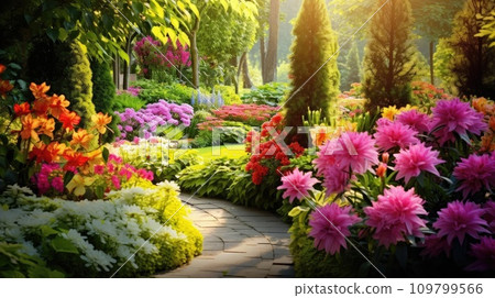 Vivid garden with vibrant flowers, flourishing plants, and ample space for your message 109799566