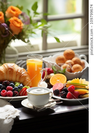 A gourmet morning spread, pastries, fresh fruits, and inviting coffee, plus generous copy space A gourmet morning spread, pastries, fresh fruits, and inviting coffee, plus generous copy space 109799674