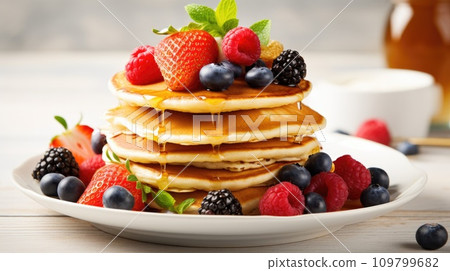 Tasty delights, from fluffy pancakes to fresh fruit, creating an appetizing scene with copy space Tasty delights, from fluffy pancakes to fresh fruit, creating an appetizing scene with copy space 109799682