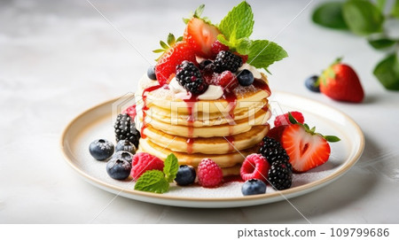 Tasty delights, from fluffy pancakes to fresh fruit, creating an appetizing scene with copy space Tasty delights, from fluffy pancakes to fresh fruit, creating an appetizing scene with copy space 109799686