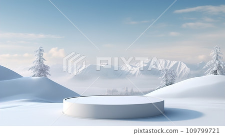 Snowy Backdrop in Tranquil Winter Wonderland - Ideal for Product Presentation on Elegant White Podium in Serene Snowscape, Winter Product Placement, Ai generative Snowy Backdrop in Tranquil Winter Wonderland - Ideal for Product Presentation on Elegant White Podium in Serene Snowscape, Winter Product Placement, Ai generative 109799721