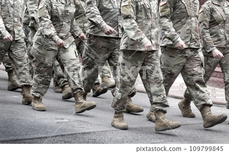 US soldiers. US army. Military forces of the United States of America.   Soldiers marching on the parade. Veterans Day. Memorial Day. 109799845