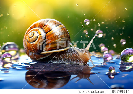 AI-generated content. A snail crawls along a wet surface in drops of water. close-up 109799915