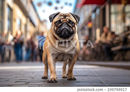 AI-generated content. Pug stands on a city road AI-generated content. Pug stands on a city road 109799917
