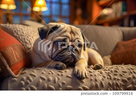 AI-generated content. A pug lies on the sofa in a cozy room 109799918