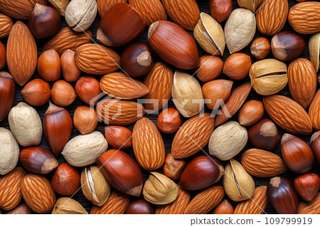 AI-generated content. Natural background made from different kinds of nuts. 109799919