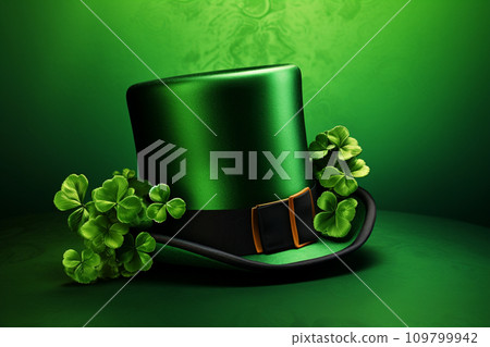 AI-generated content. St.Patrick 's Day. Top hat with green clover leaves 109799942
