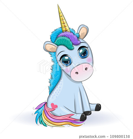 Blue unicorn pony sitting. Cute baby card, baby with big eyes Blue unicorn pony sitting. Cute baby card, baby with big eyes 109800138