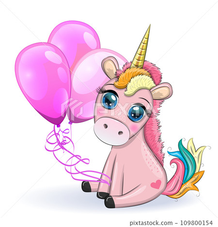 Blue unicorn pony sitting. Cute baby card, baby with big eyes 109800154