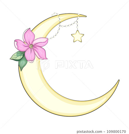 Crescent moon decorated with flowers, leaves. hand drawn card, poster, banner for Islamic festival Crescent moon decorated with flowers, leaves. hand drawn card, poster, banner for Islamic festival 109800170