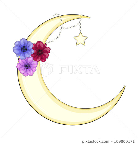 Crescent moon decorated with flowers, leaves. hand drawn card, poster, banner for Islamic festival 109800171