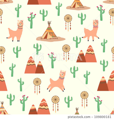 Cute pattern with llamas, cacti, Alps mountains, dream catcher, rainbows and hearts. Children s room design Cute pattern with llamas, cacti, Alps mountains, dream catcher, rainbows and hearts. Children s room design 109800181
