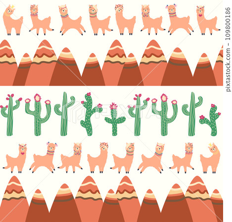 Cute pattern with llamas, cacti, Alps mountains, dream catcher, rainbows and hearts. Children s room design 109800186