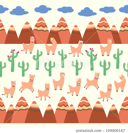 Cute pattern with llamas, cacti, Alps mountains, dream catcher, rainbows and hearts. Children s room design 109800187