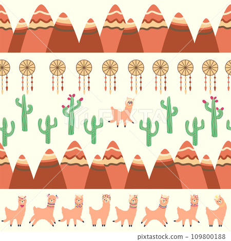 Cute pattern with llamas, cacti, Alps mountains, dream catcher, rainbows and hearts. Children s room design 109800188
