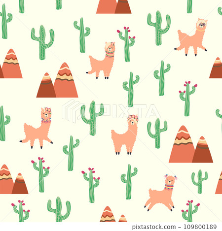 Cute pattern with llamas, cacti, Alps mountains, dream catcher, rainbows and hearts. Children s room design 109800189
