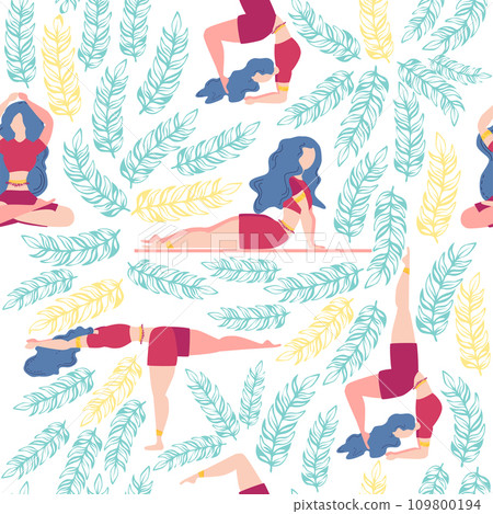 Seamless pattern Plus size curvy girls doing yoga class. Online home workout concept. Body positive 109800194