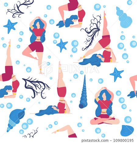Seamless pattern Plus size curvy girls doing yoga class. Online home workout concept. Body positive 109800195