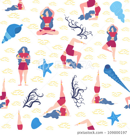 Seamless pattern Plus size curvy girls doing yoga class. Online home workout concept. Body positive 109800197
