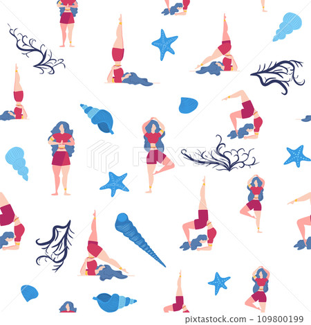Seamless pattern Plus size curvy girls doing yoga class. Online home workout concept. Body positive 109800199