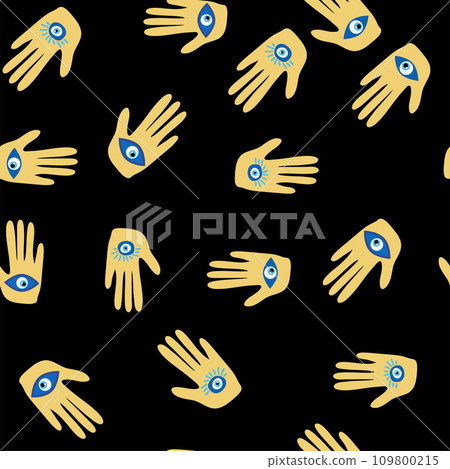 Evil eye Heavenly seamless pattern with suns, moons, stars, palms. For textiles, souvenirs, household goods. Evil eye Heavenly seamless pattern with suns, moons, stars, palms. For textiles, souvenirs, household goods. 109800215