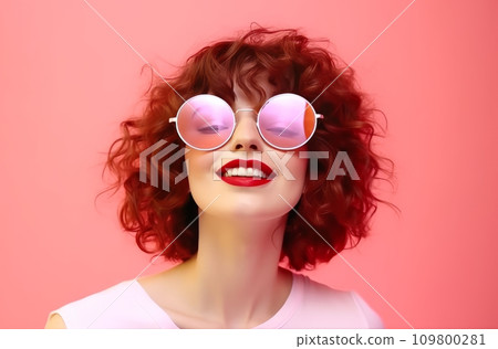cute young woman wearing sunglasses over pink background woman 109800281
