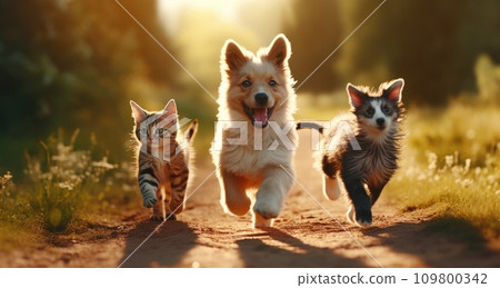 dogs run in grass and cats run on the front yard 109800342