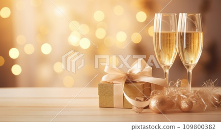 champagne flutes and present at the christmas table champagne flutes and present at the christmas table 109800382