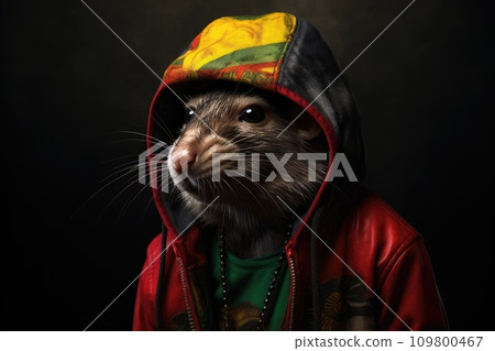 A rat in a hippie hoodie on a dark background A rat in a hippie hoodie on a dark background 109800467
