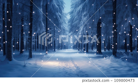 Snowy winter road with Christmas lights in spruce forest Snowy winter road with Christmas lights in spruce forest 109800473