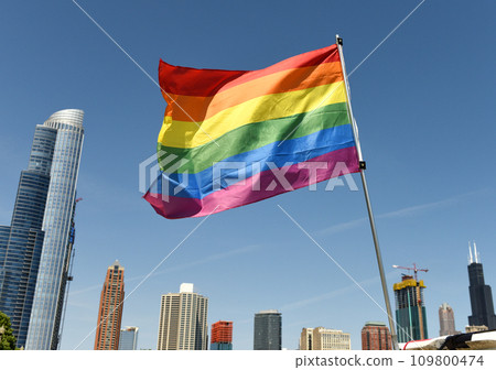 A rainbow flag with Chicago cityscape, USA 109800474