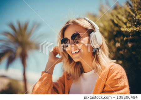 Young blonde woman listening to music on her smartphone on a sunny day outdoors. Young blonde woman listening to music on her smartphone on a sunny day outdoors. 109800484