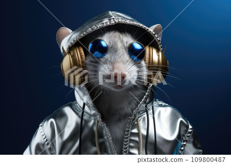 A rat in a silver jacket with headphones on a dark background A rat in a silver jacket with headphones on a dark background 109800487