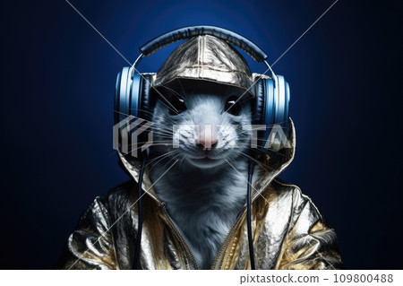 A rat in a silver jacket with headphones on a dark background A rat in a silver jacket with headphones on a dark background 109800488