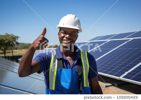 Worker at solar panels showing thumbs up, symbol of a job well done Worker at solar panels showing thumbs up, symbol of a job well done 109800489